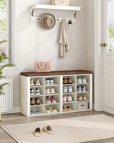 White & Brown Shoe Storage Bench with Cushion & 16 Adjustable Compartments
