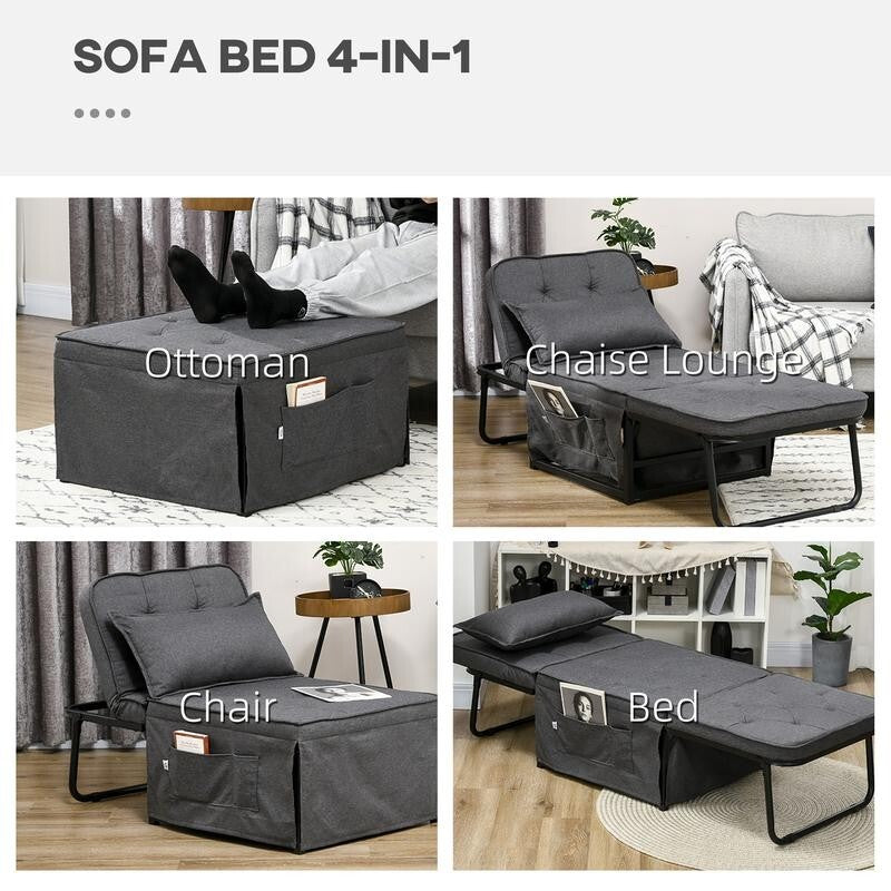 4 in 1 Folding Chair Bed Armchair Sleeper Ottoman Recliner w/ Pillow Grey