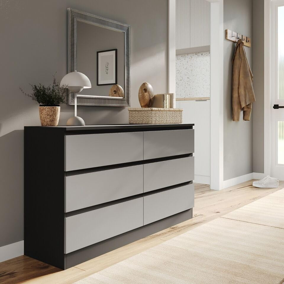 6 Drawer Chest Black Grey Storage Cabinet Bedroom Office Modern Unit