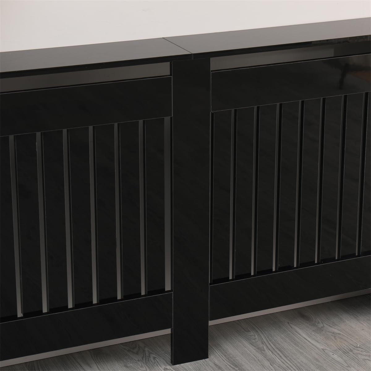 High Gloss Black Radiator Cover Large Modern Vertical Slat Heating Cabinet 151cm