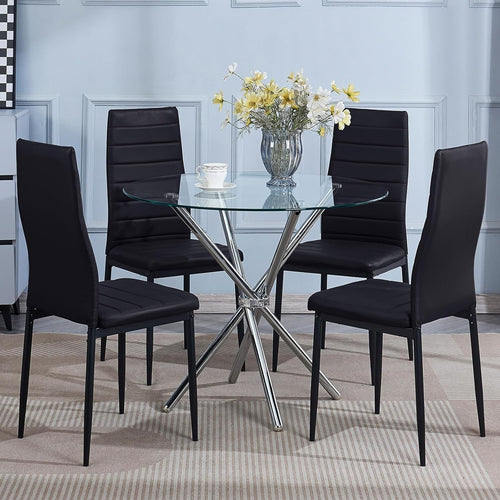 Round Glass Dining Table Set 4 Black Faux Leather Chairs Compact Kitchen
