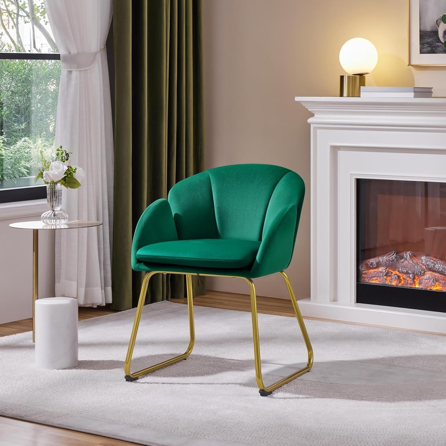 Green Velvet Tub Vanity Chair Petal Accent Armchair with Gold Metal Legs