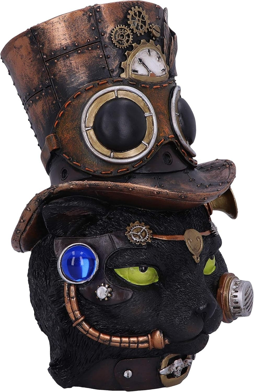 Steampunk Black Cat Head Figurine 28.8cm Gothic Resin Clockwork Decor Statue