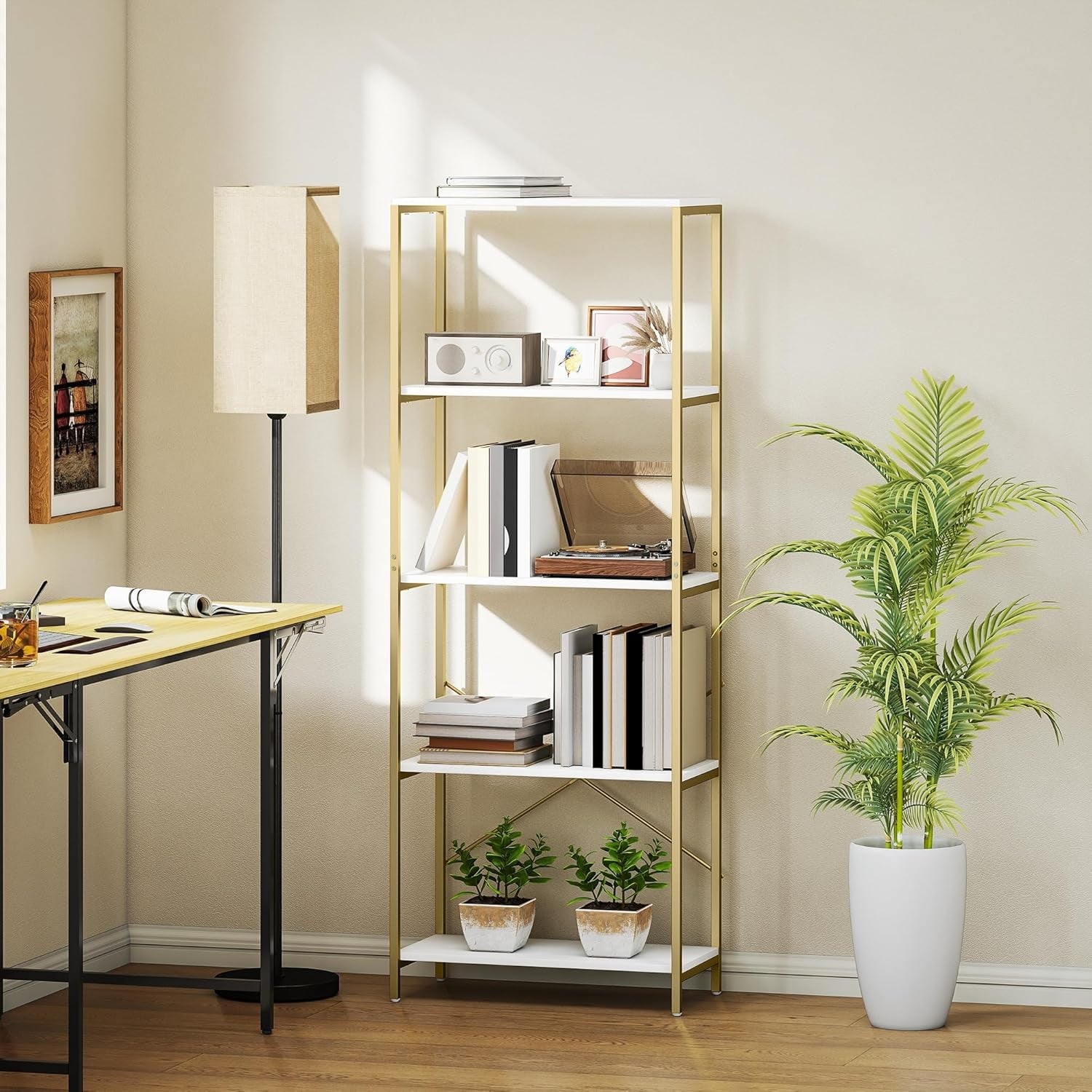 White & Gold 5-Tier Modern Bookcase Tall Metal Frame Open Display Shelf Unit