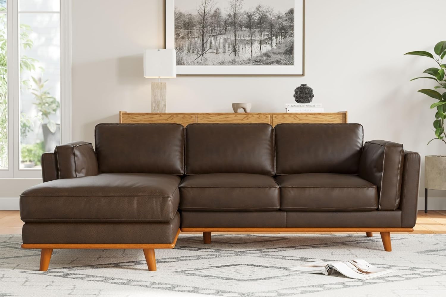 Italian Leather Corner Sofa Dark Chocolate– Left Chaise, Solid Wood, 4 Seater