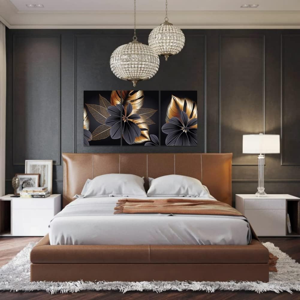 Set of 3 Black Gold Leaf Canvas Wall Art 40x60cm Nordic