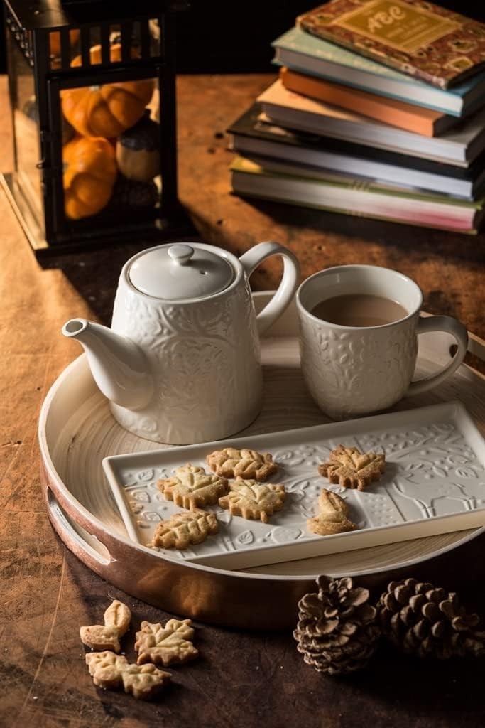 Stoneware Teapot 1L Embossed Forest Design Heat Retaining Cream