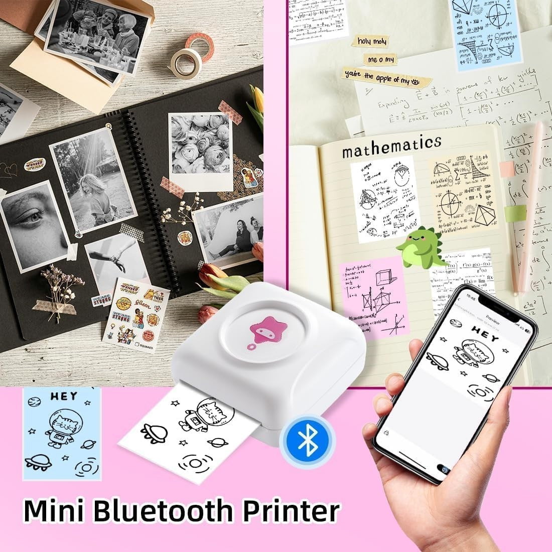 Mini TP2 Bluetooth Pocket Printer Thermal Photo Printer Pink White DIY Notes