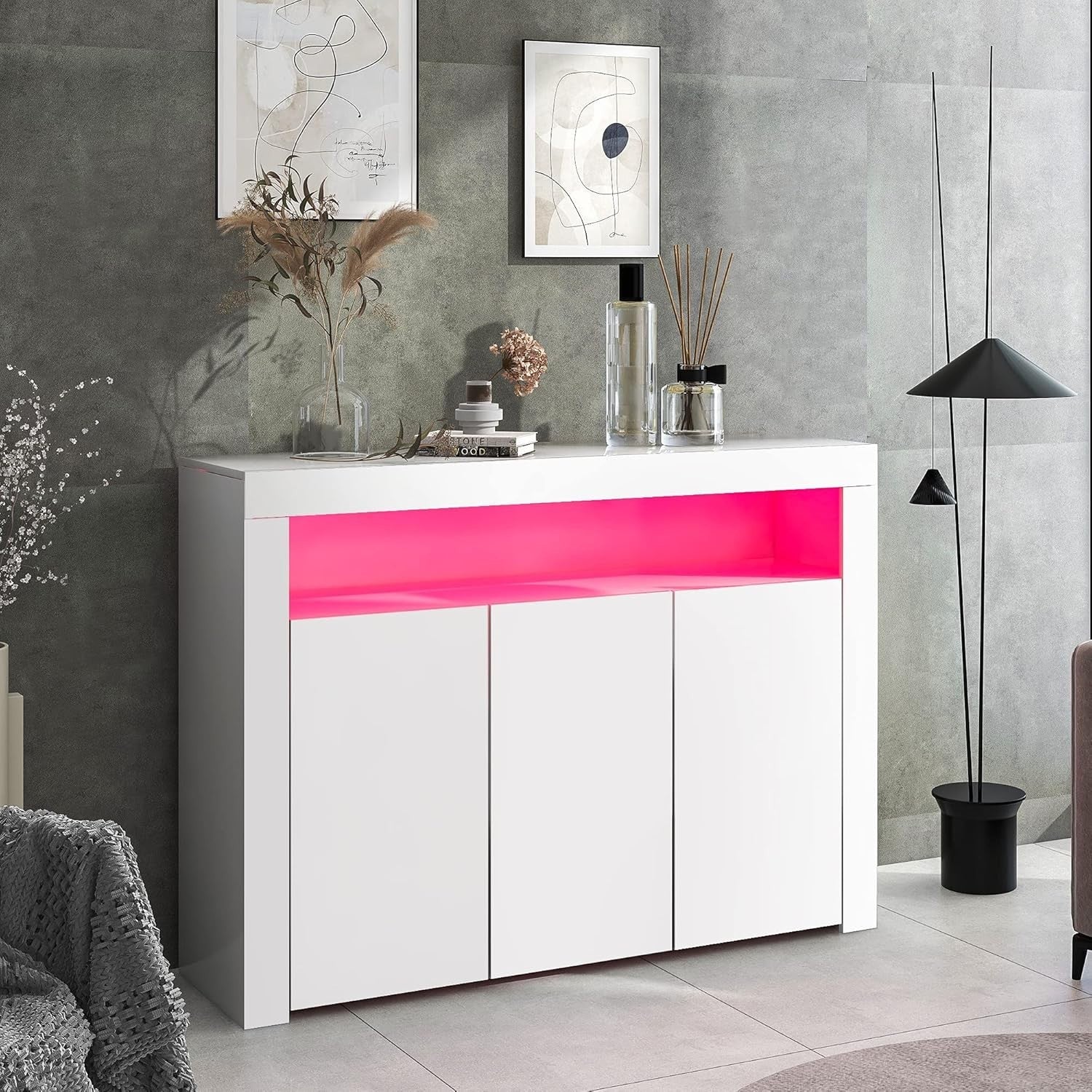 Modern LED High Gloss Sideboard 3 Door Cabinet Storage RGB Lights White