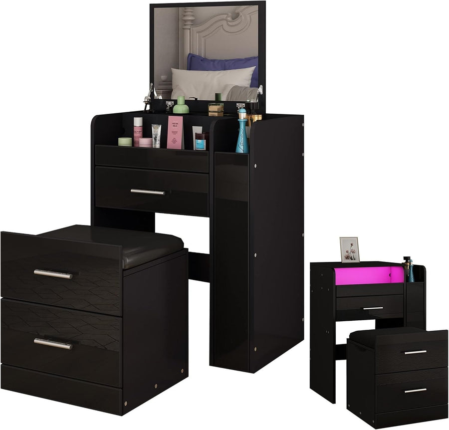 Vanity Set Dressing Table Flip Mirror 3 Drawers LED Lights Stool Makeup Desk Bla