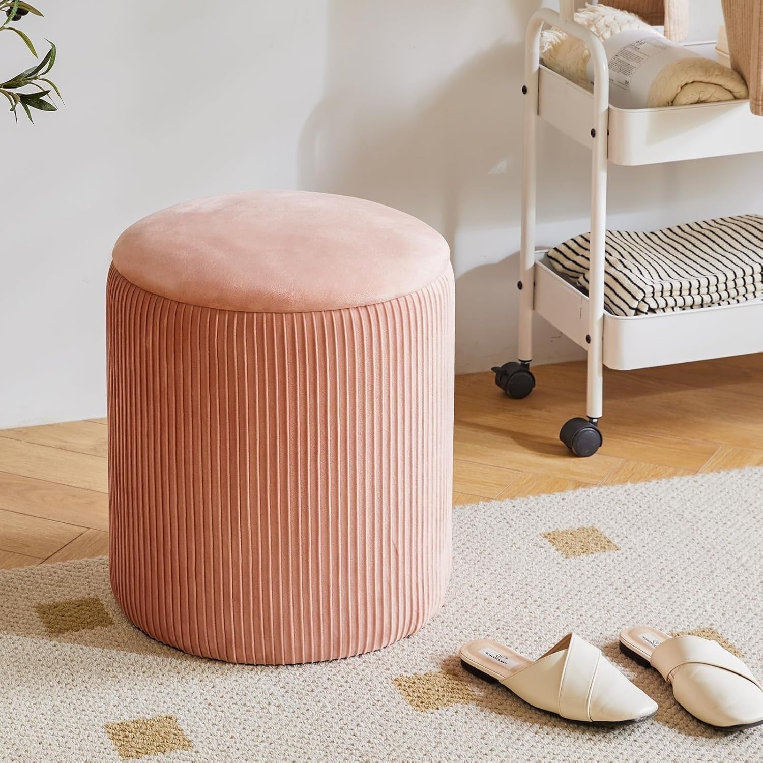 Set of 2 Pink Round Storage Ottomans – Velvet Vanity Stools & Side Tables