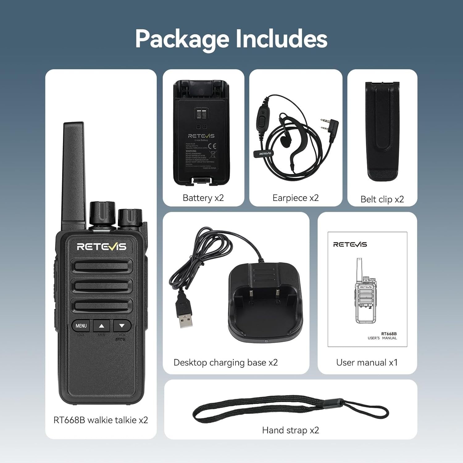 Walkie Talkies w Earpiece PMR446 VOX 16 Channel Type C Radio 2 Pack