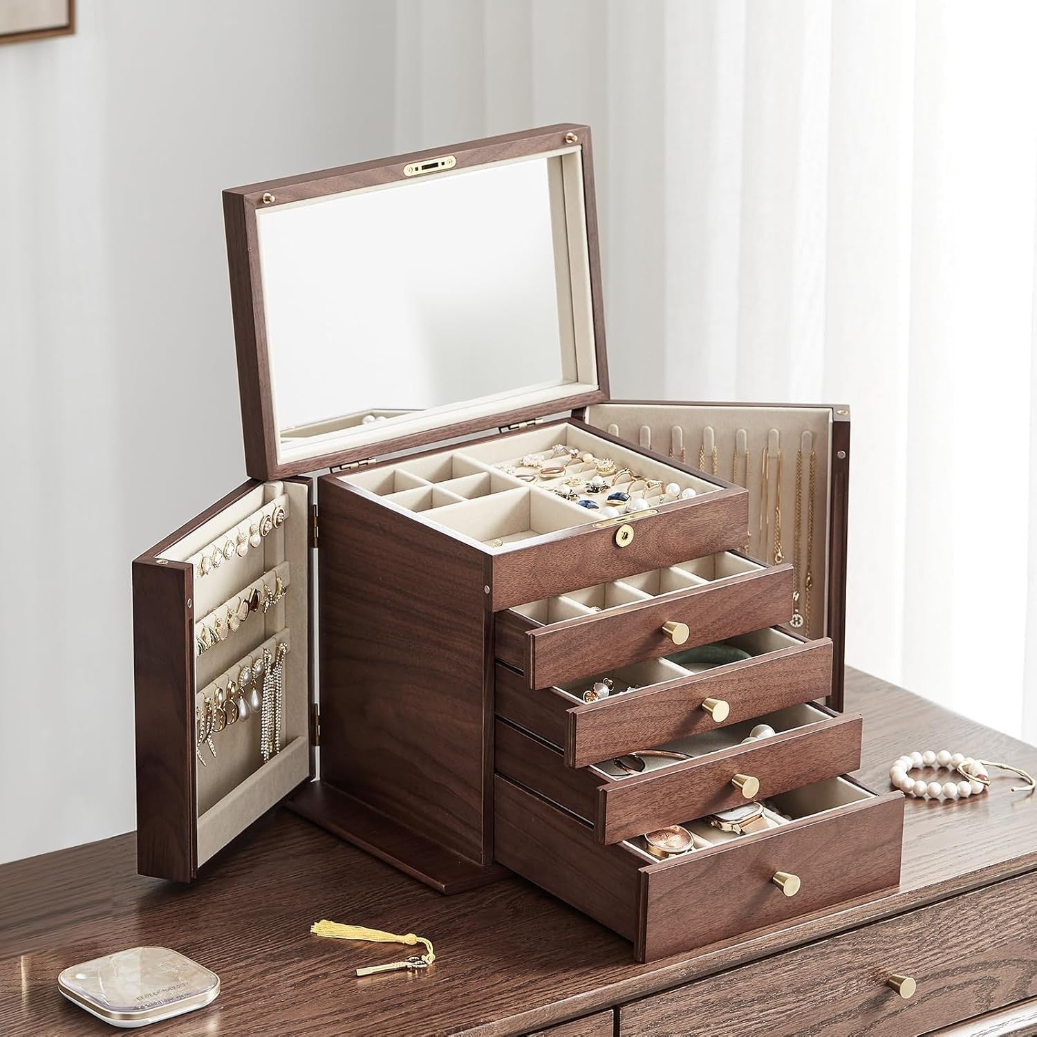 Walnut Wooden Jewelry Box Lockable Mirror 5 Layer Luxury Storage Case