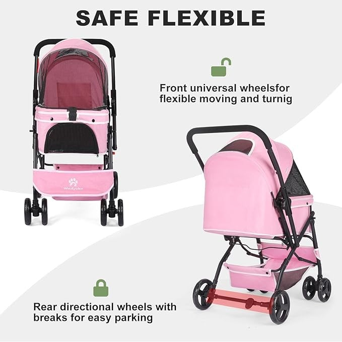 Pink Pet Stroller Foldable Dog Cat Pram 360° Wheels Lightweight Travel Buggy