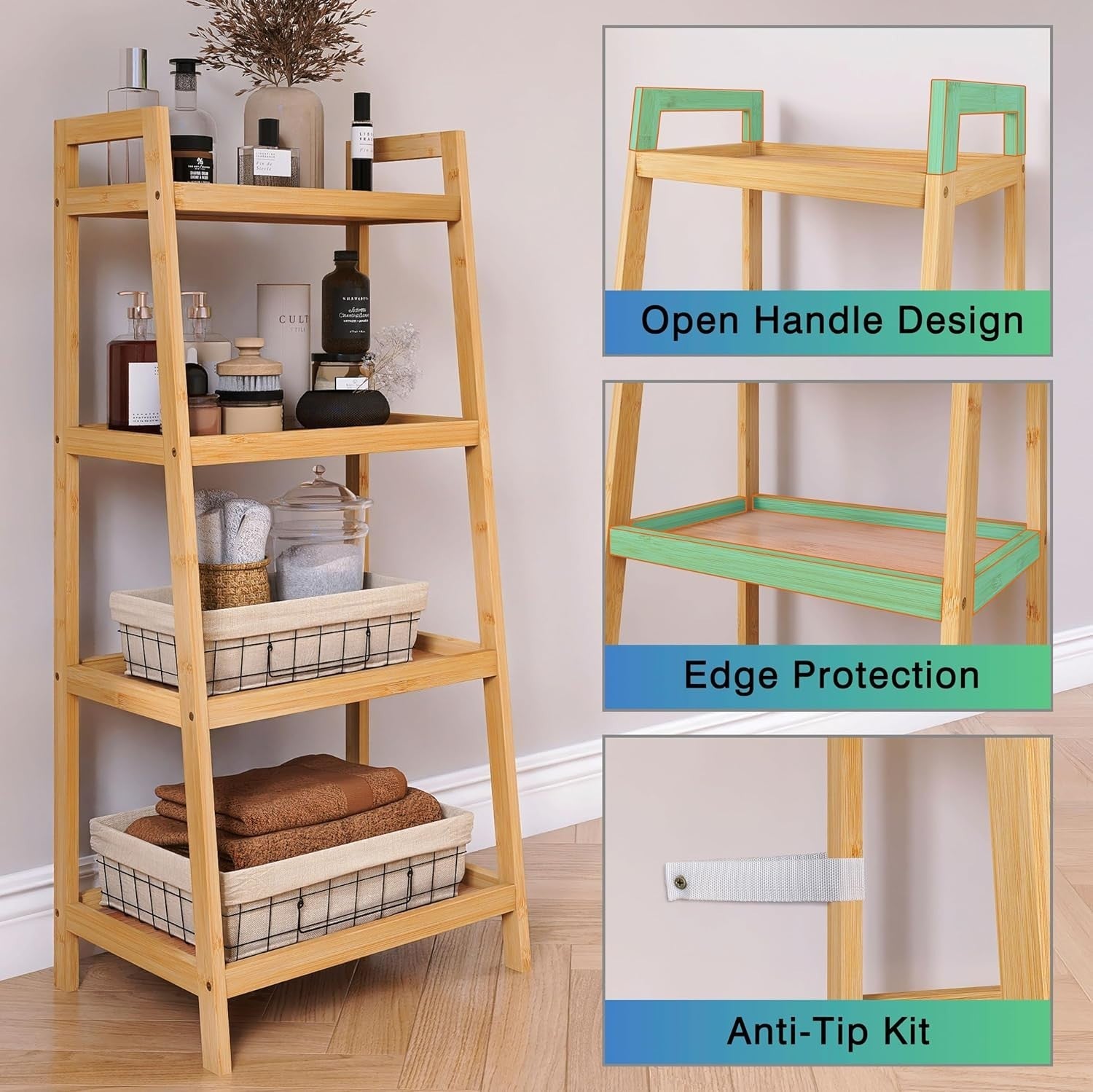 Bamboo Ladder Shelf Bookcase 4 Tier Freestanding Storage Rack Space Saver