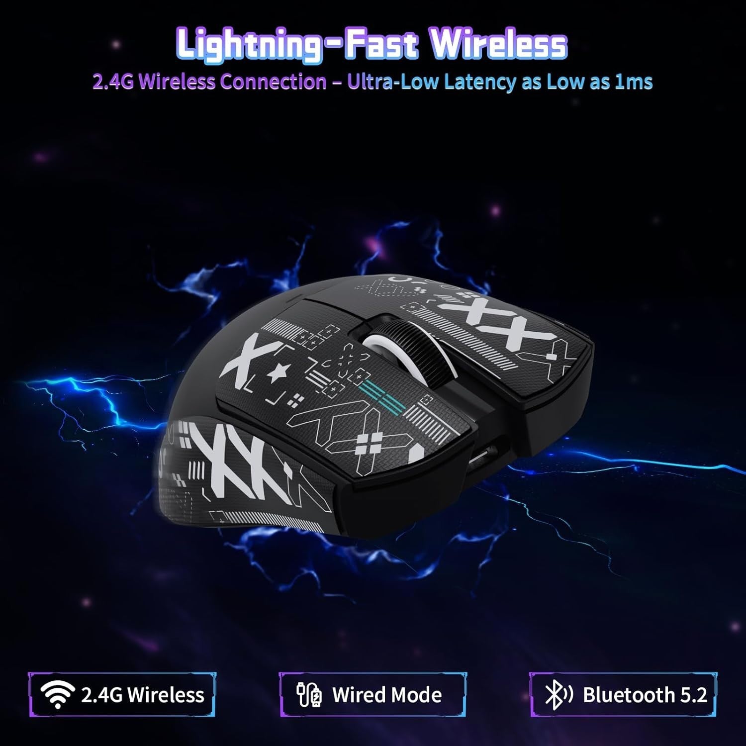 Wireless Gaming Mouse 22000 DPI RGB BT 2.4G USB 65H Grip Black
