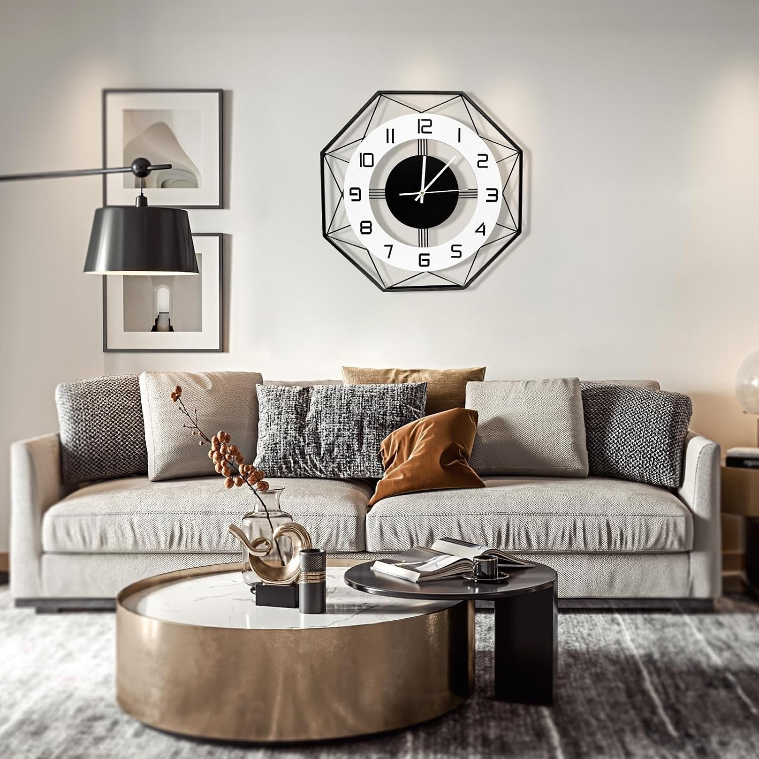 27.5" Silent Wall Clock Black White Modern Large Metal Office Decor