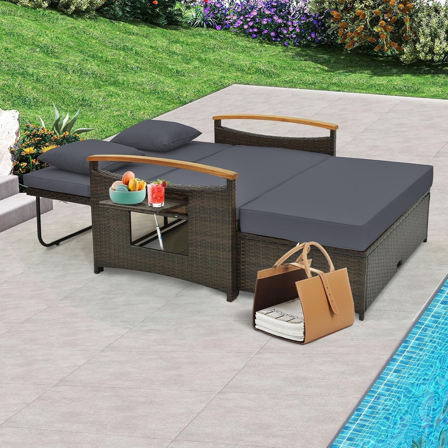 Outdoor Rattan Daybed Double Chaise Lounge with Storage Ottoman & Cushions