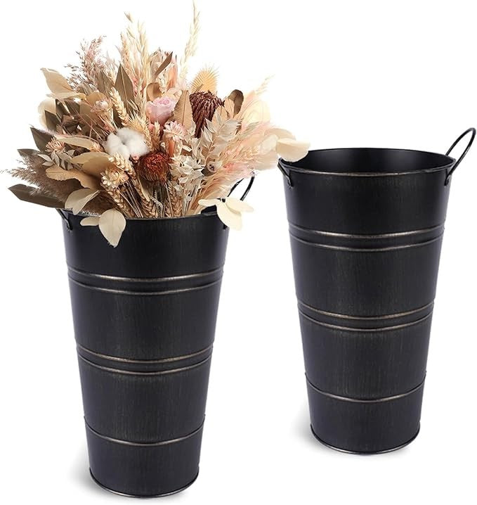 12 Inch Black Galvanized Metal Flower Vases Set of 2 Rustic Bucket Planters