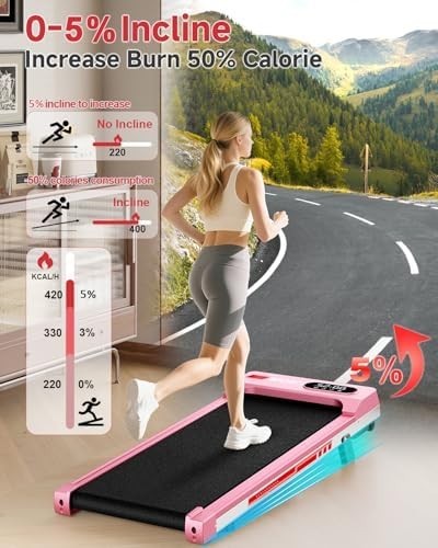 Compact Pink Walking Pad Treadmill 2.5HP Under Desk Quiet LED Remote 5% Incline