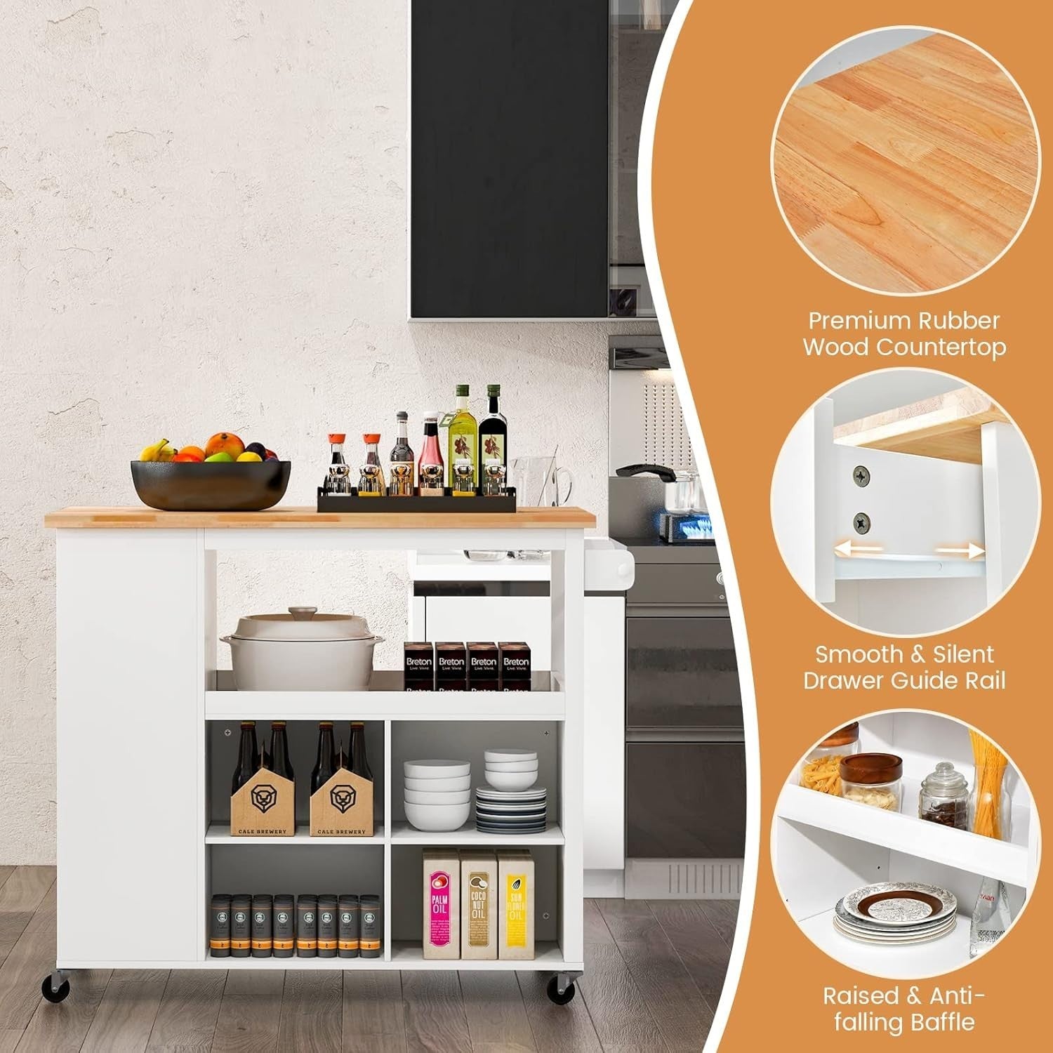 Rolling Kitchen Island Cart with Adjustable Shelves, Drawer & Rubberwood Worktop
