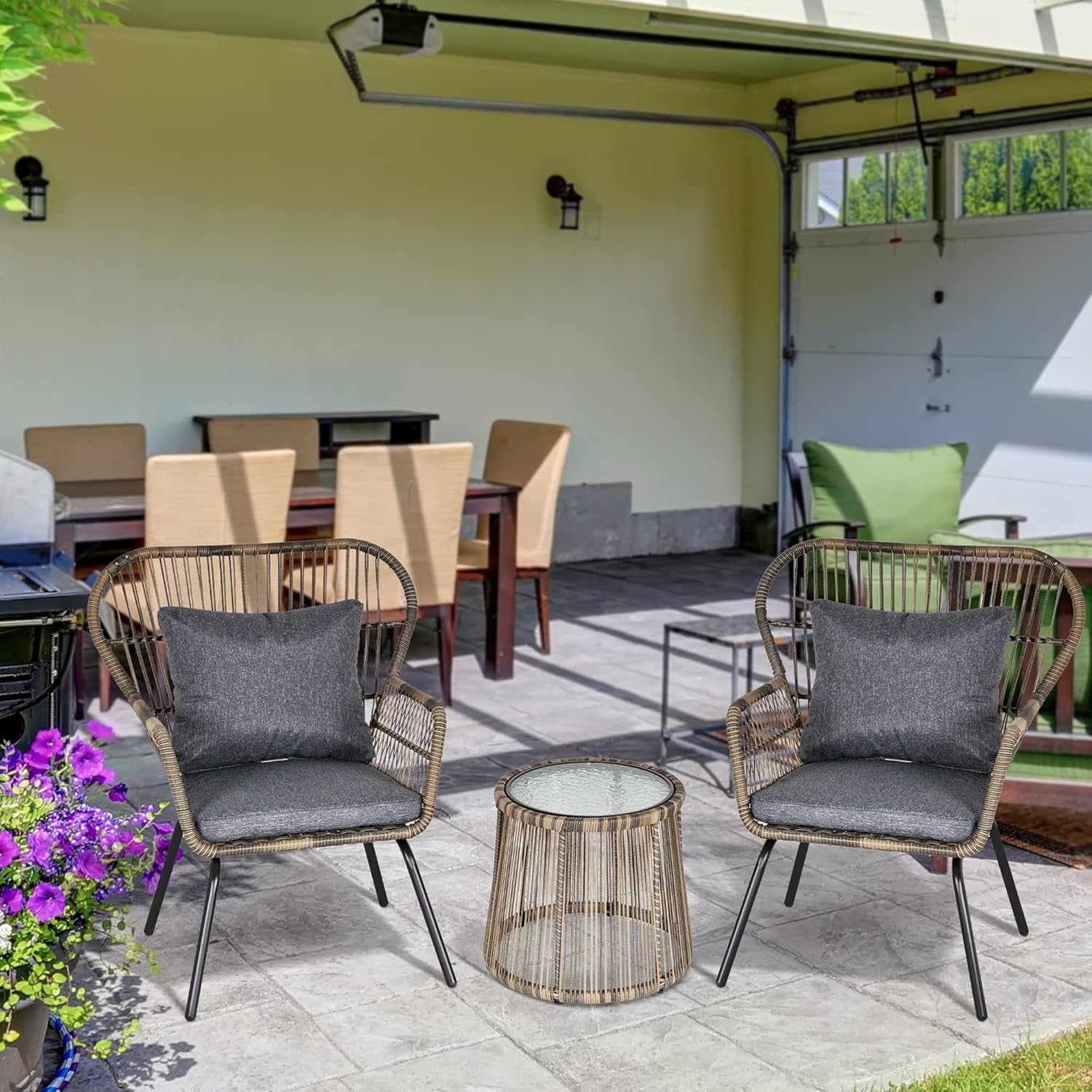 Luxury Rattan Bistro Set 3PC Woven Chairs Glass Table Cushioned Patio Grey