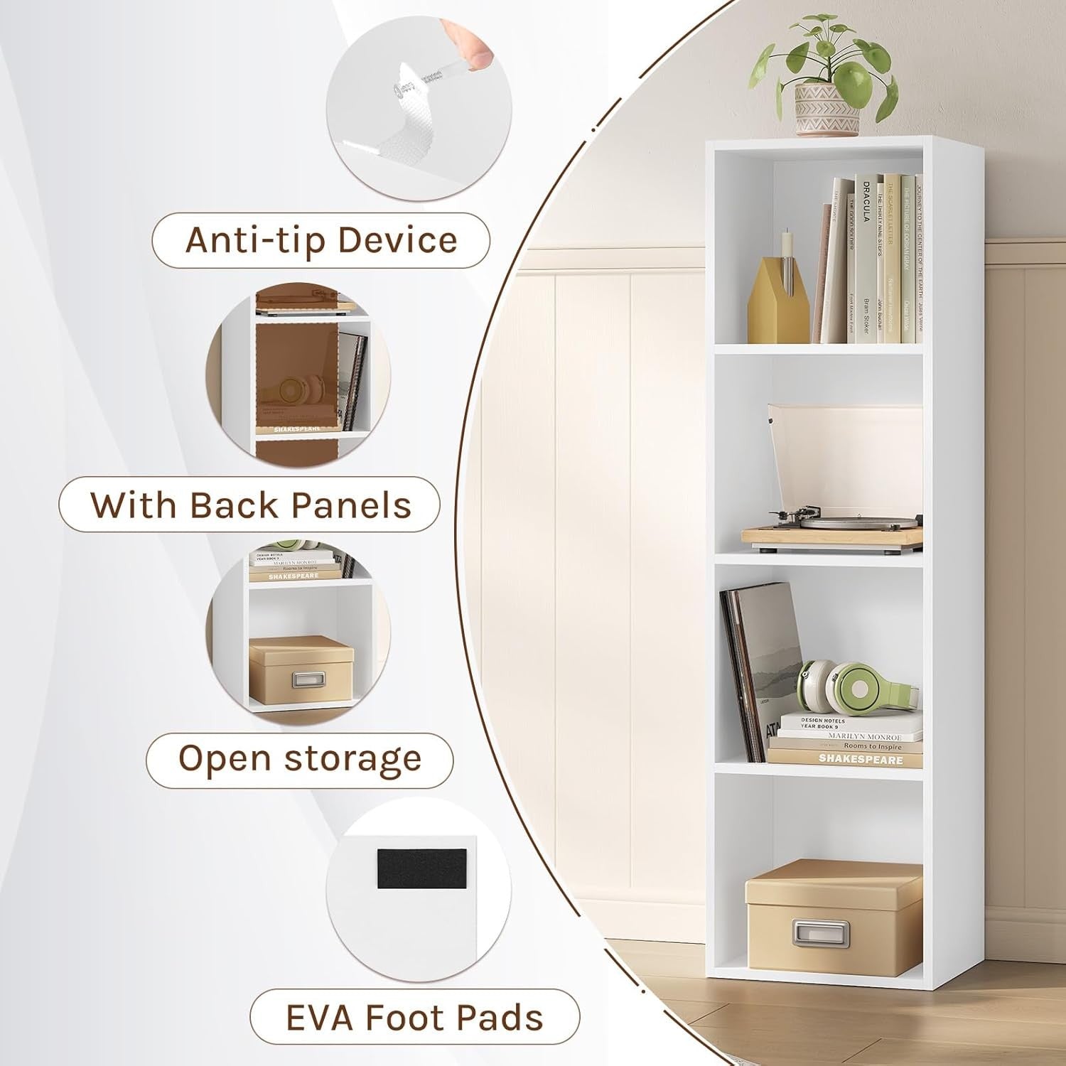 White 4 Cube Bookcase Tall Slim Storage Shelf Unit Modern Freestanding Display