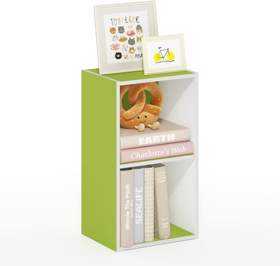 2Tier Green Wooden Bookcase Small Storage Shelf Compact Organizer Open Bookshelf