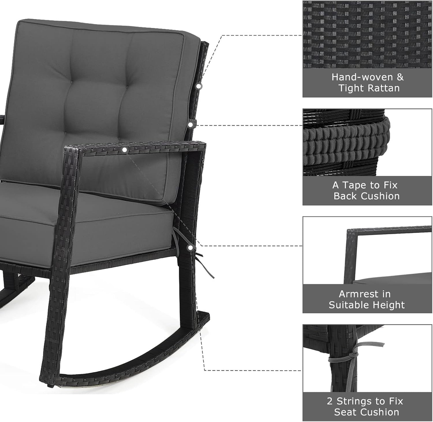 Grey Rattan Garden Rocking Chair with Cushions & Armrests Outdoor Seat