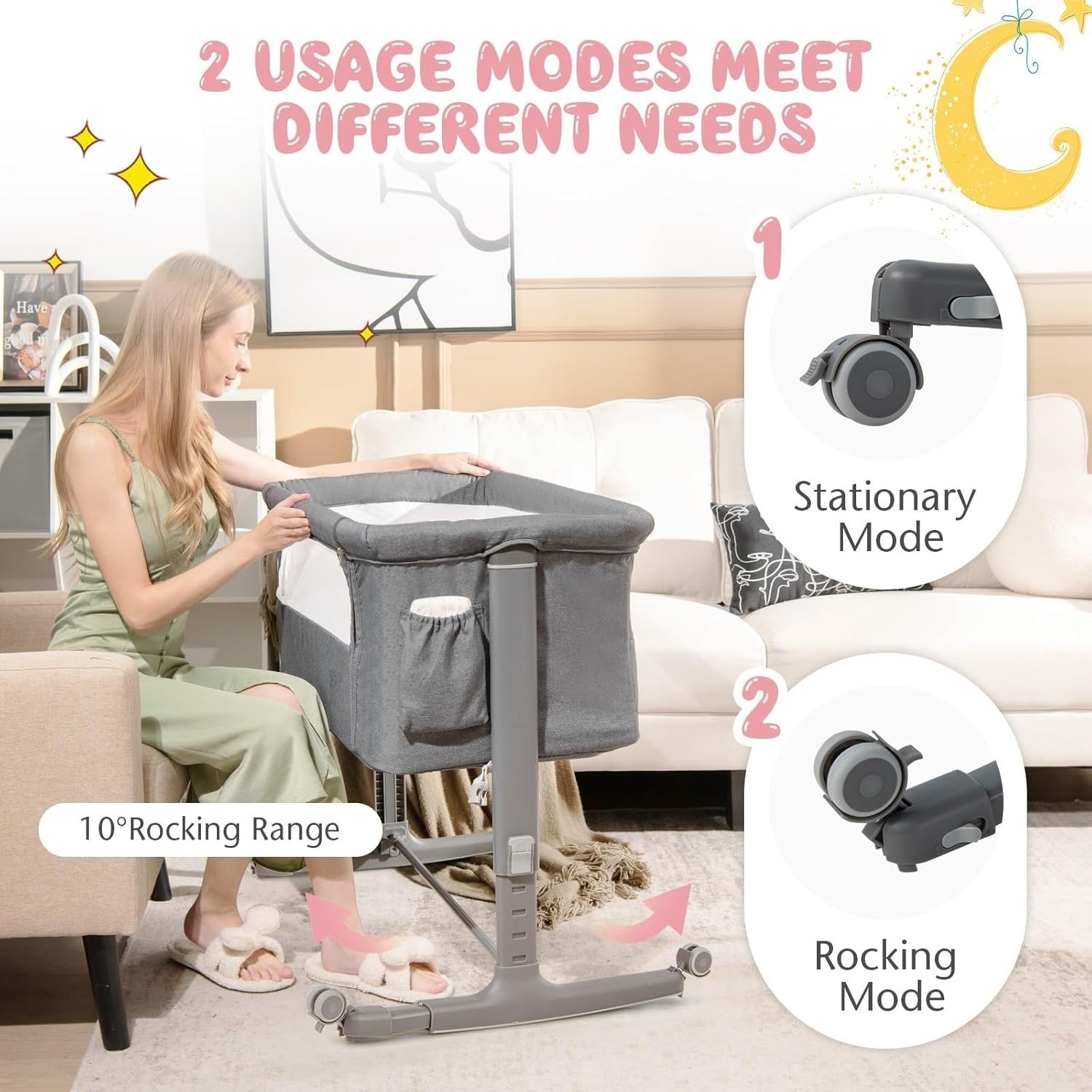 3in1 Baby Bassinet Bedside Crib Co-Sleeper Cot with Mattress & Wheels Grey