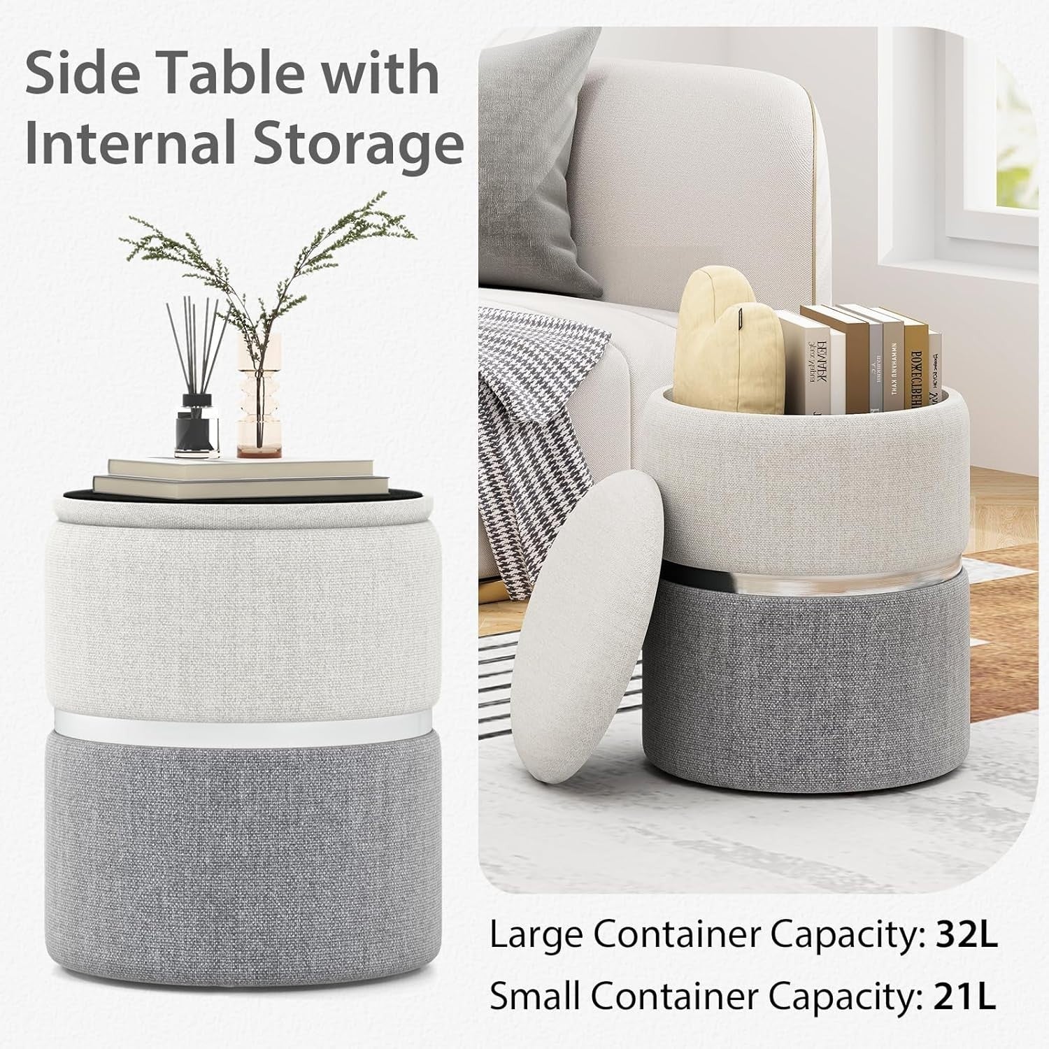 Beige & Grey Nesting Linen Storage Ottomans Set of 2 Round Footstools