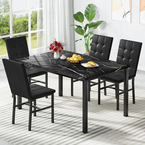 Black Marble Dining Table Set with 4 Leather Chairs Modern 120cm Kitchen