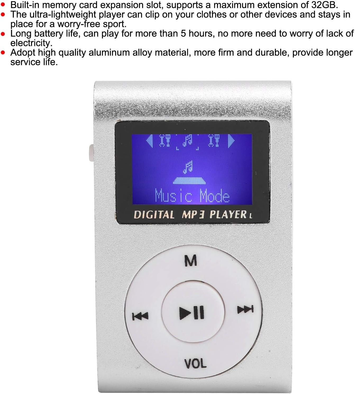 Portable Mini MP3 Player with Sports Clip, LCD Screen & Earphones – Silver