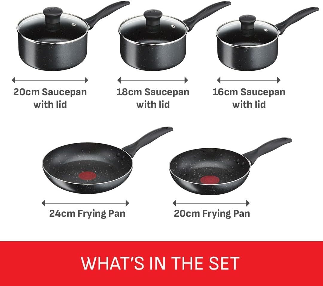 5pcs Stone Non Stick Cookware Set – Glass Lid Pots & Frying Pans, PFOA Free
