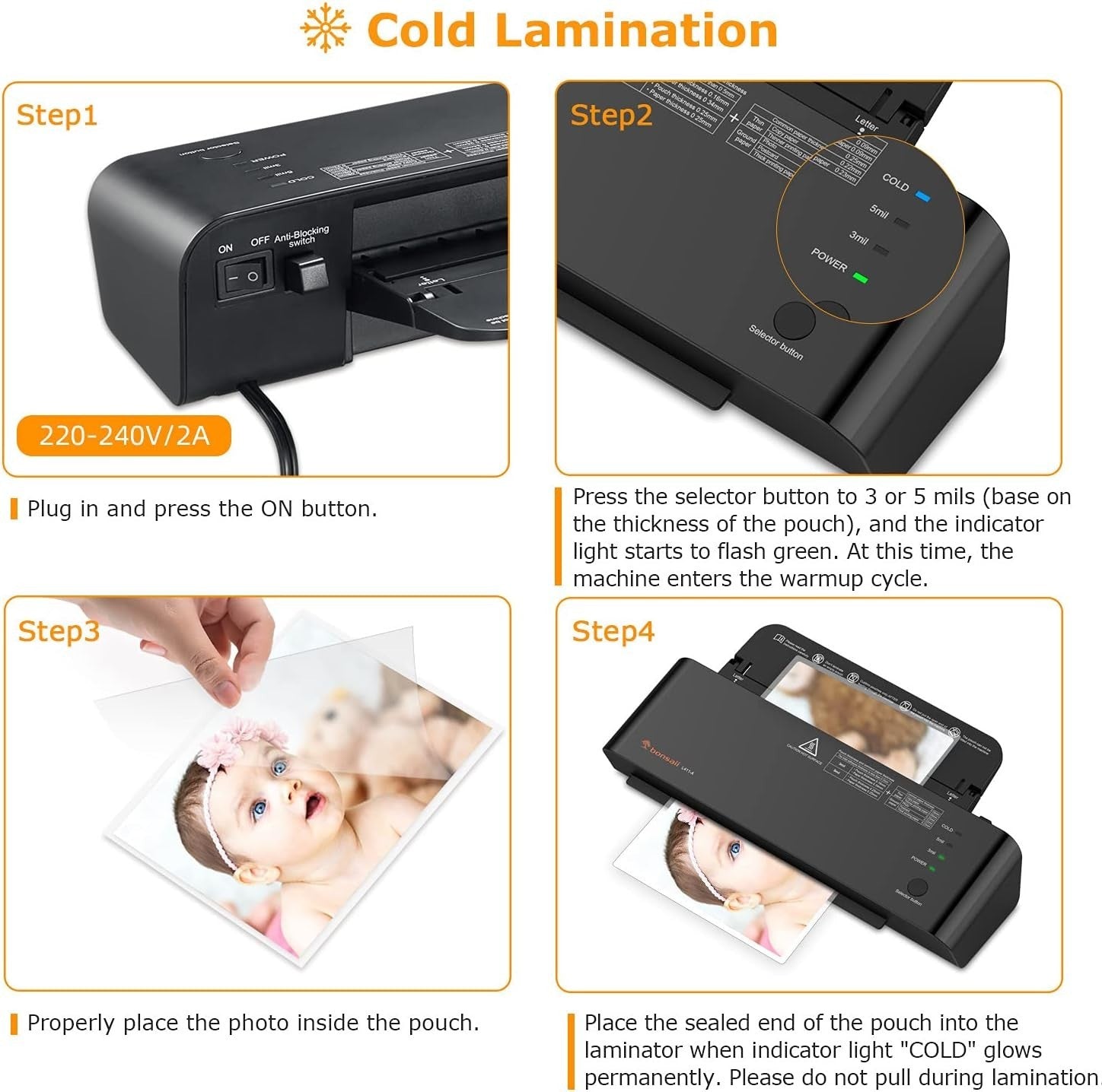 A4 4 in 1 Laminator Hot Cold Fast 300mm Min Anti Jam + Pouches