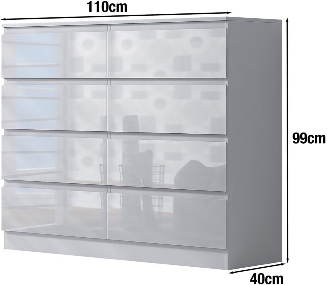 White Gloss 8-Drawer Chest Bedroom Storage Unit Handle-Free Modern Design