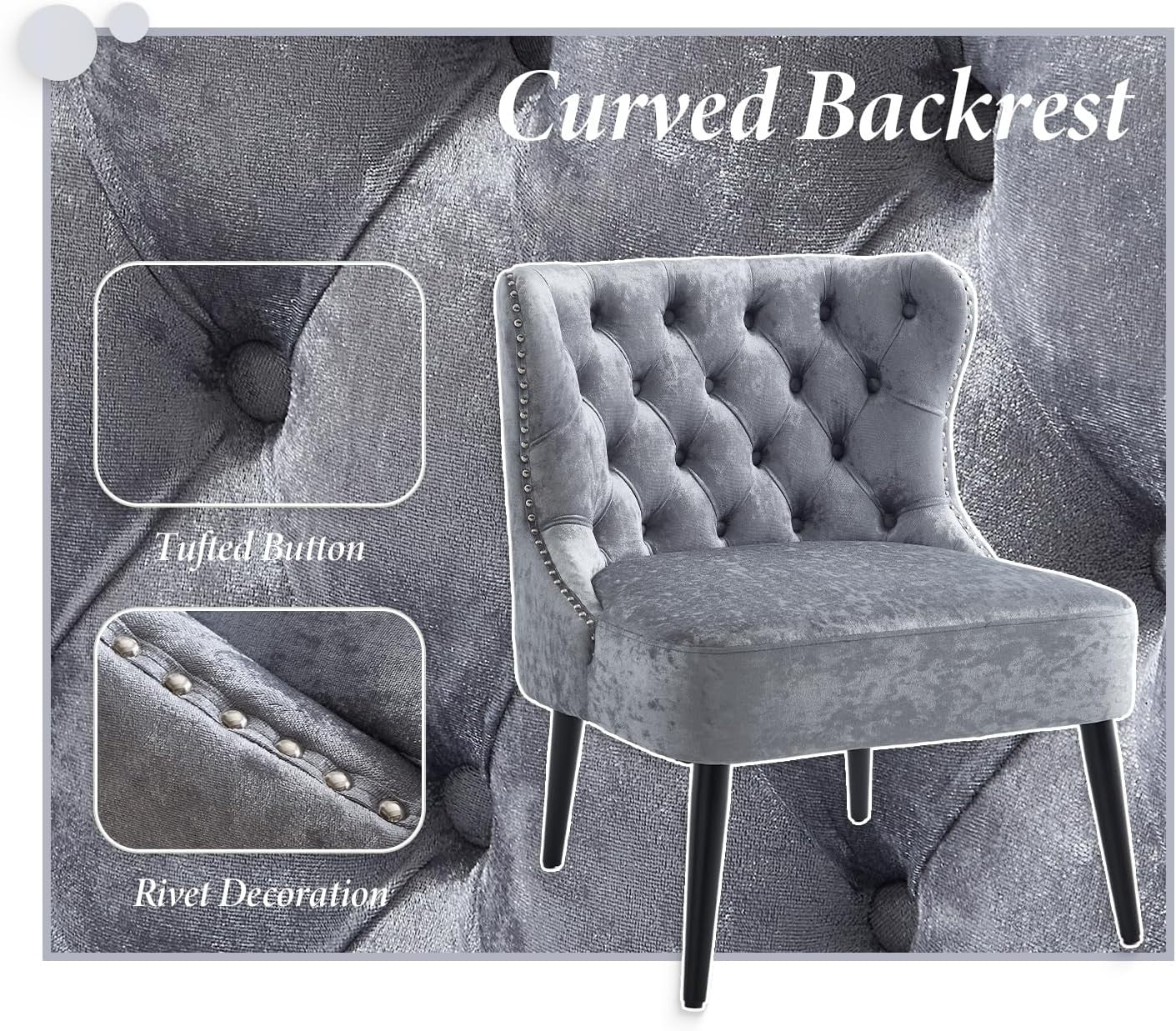 Velvet Accent Chair Grey Upholstered Lounge Chair Wood Legs