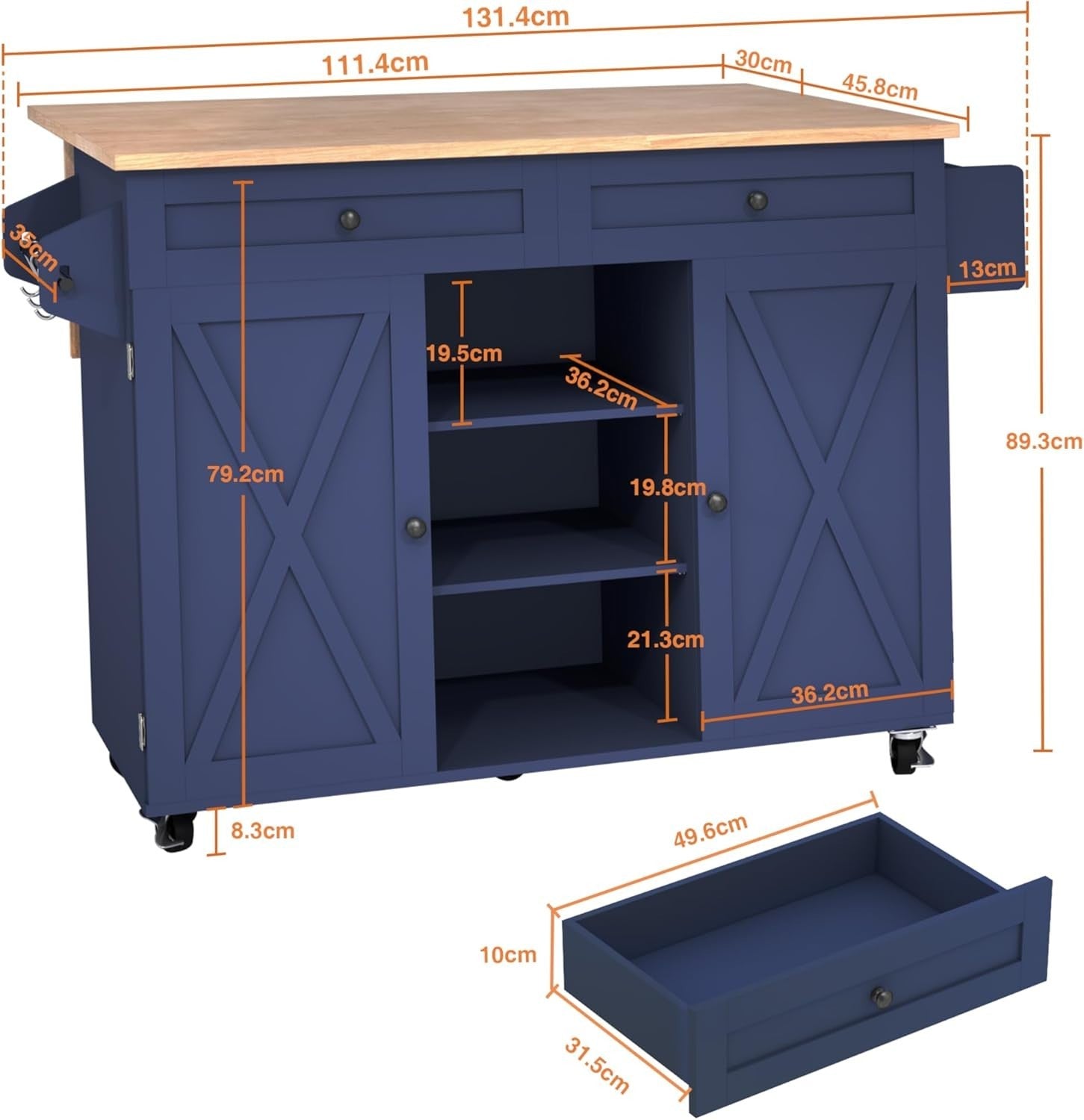 Kitchen Island Trolley with Drop Leaf, Storage Cabinets & Wheels – Blue