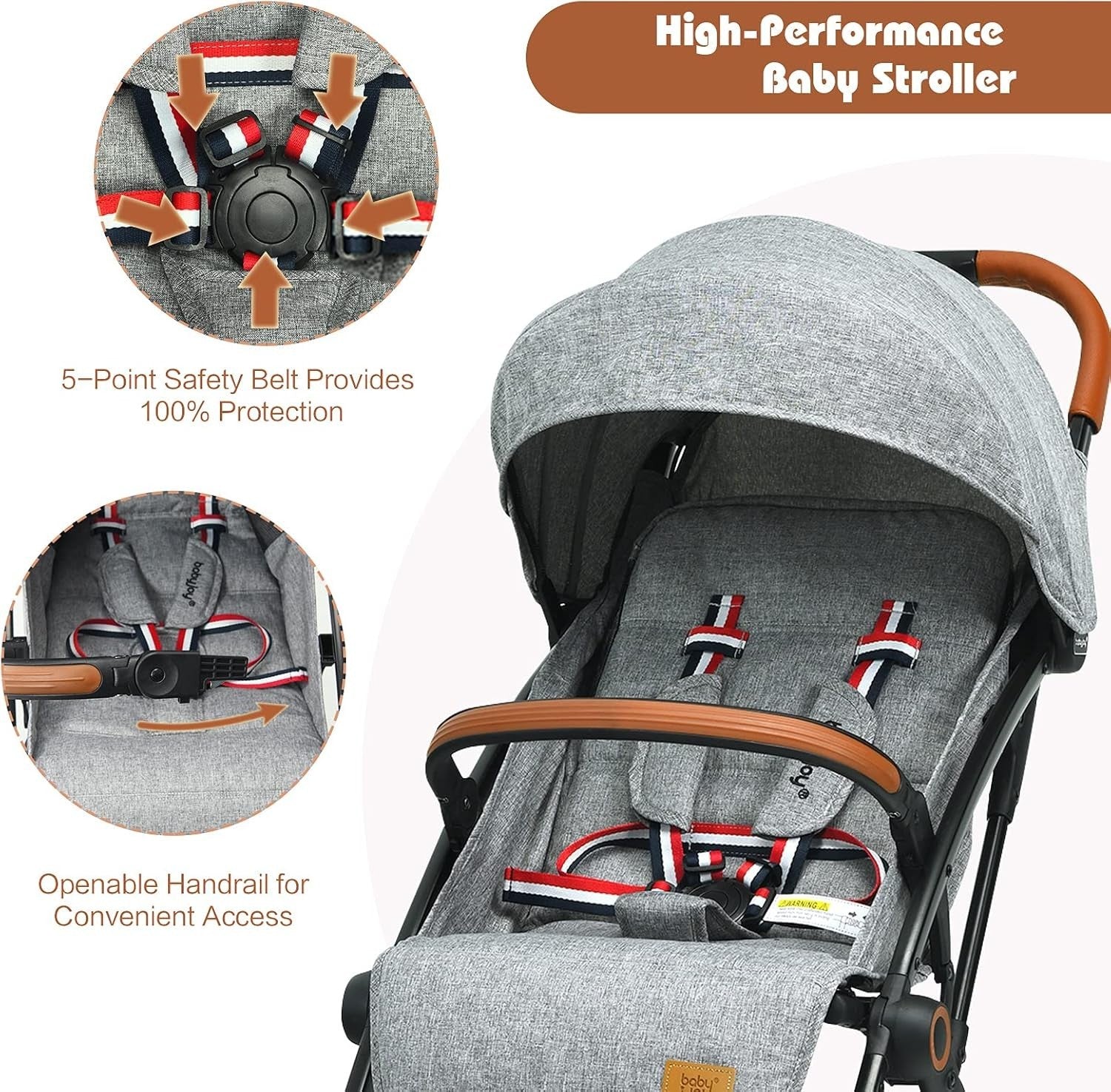 Grey Lightweight Baby Stroller One Hand Fold Travel Buggy 5 Point