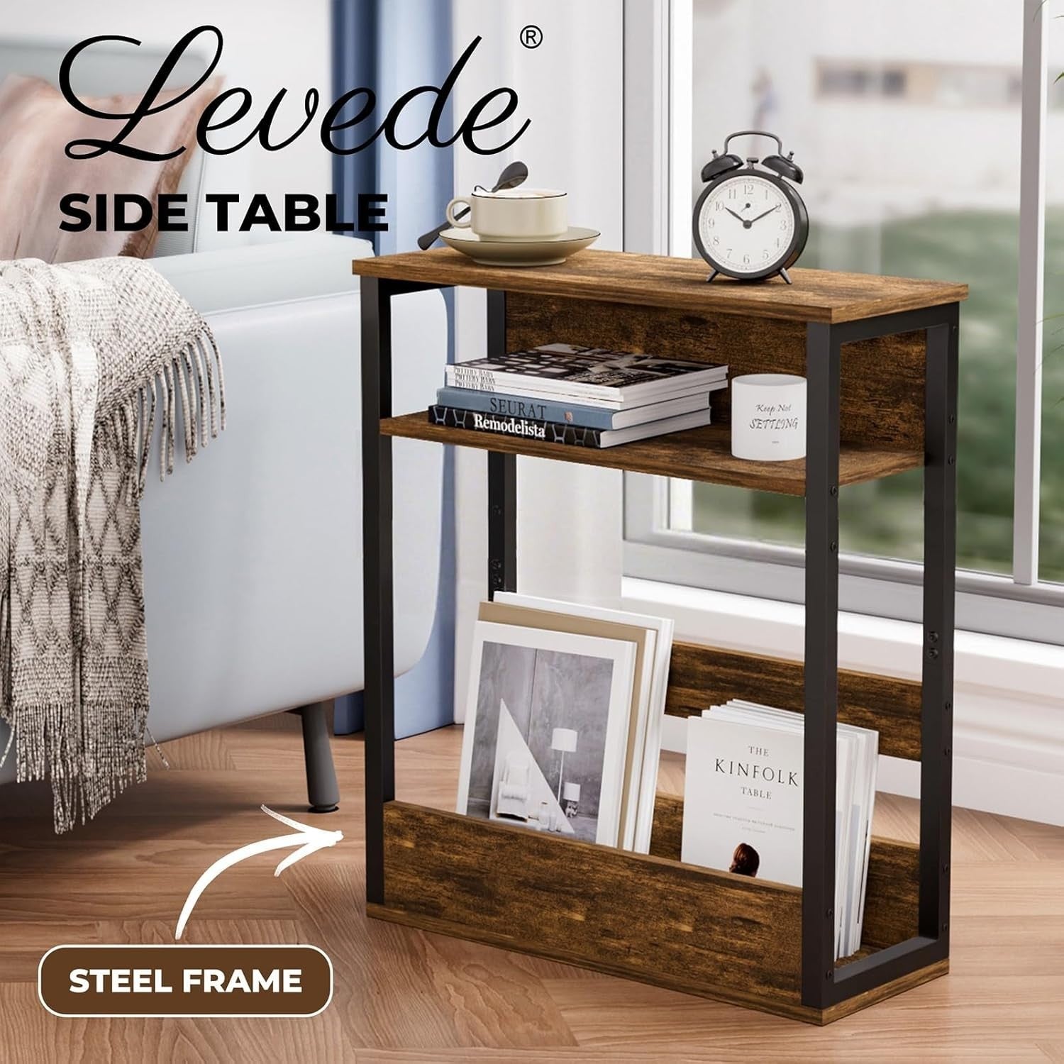 Space-Saving 3-Tier Side Table with Storage Shelf for Narrow Rooms Brown