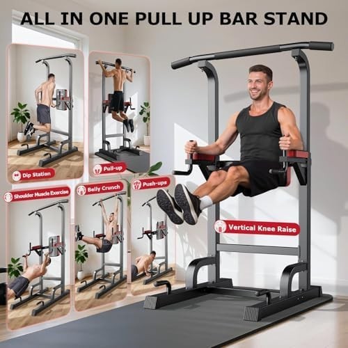 Black Power Tower Dip Station Pull-Up Bar Adjustable Home Gym