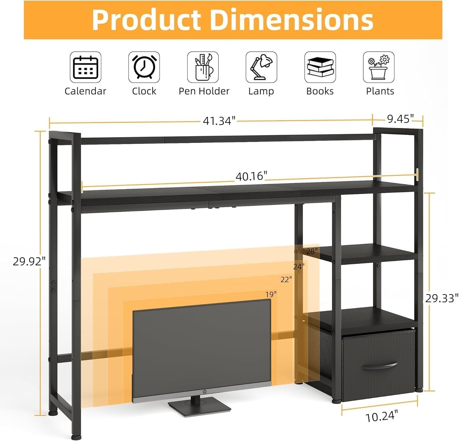 41" Desk Hutch Organizer Shelf with Drawer | 3-Tier Desktop Rack for Monitor 32"