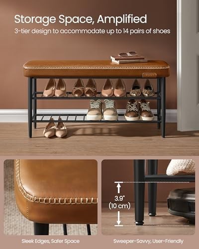 Mid Century Shoe Bench Storage Seat 3 Tier Rack Faux Leather 135kg Load 100cm