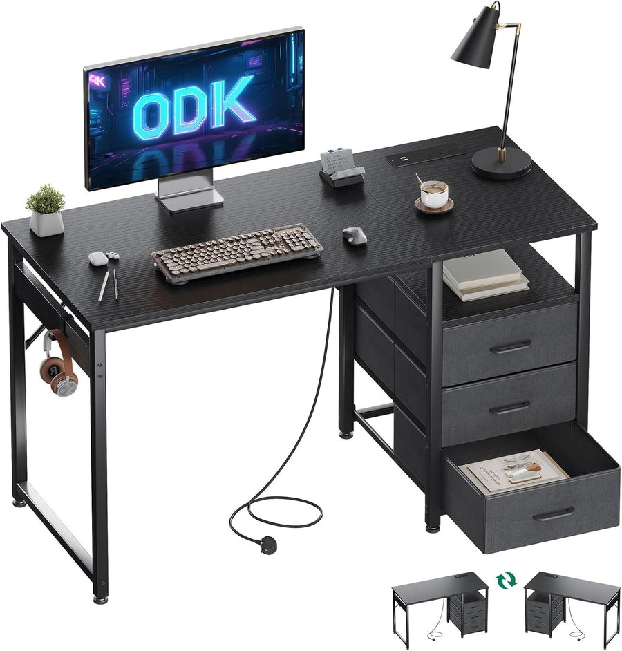 Black 120cm Computer Desk with Drawers, USB Ports & Power Sockets Office Table