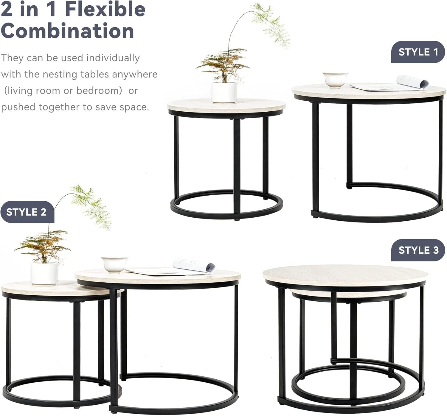 Nesting Coffee Table Set 2 Round Wood Metal Frame White Modern Industrial