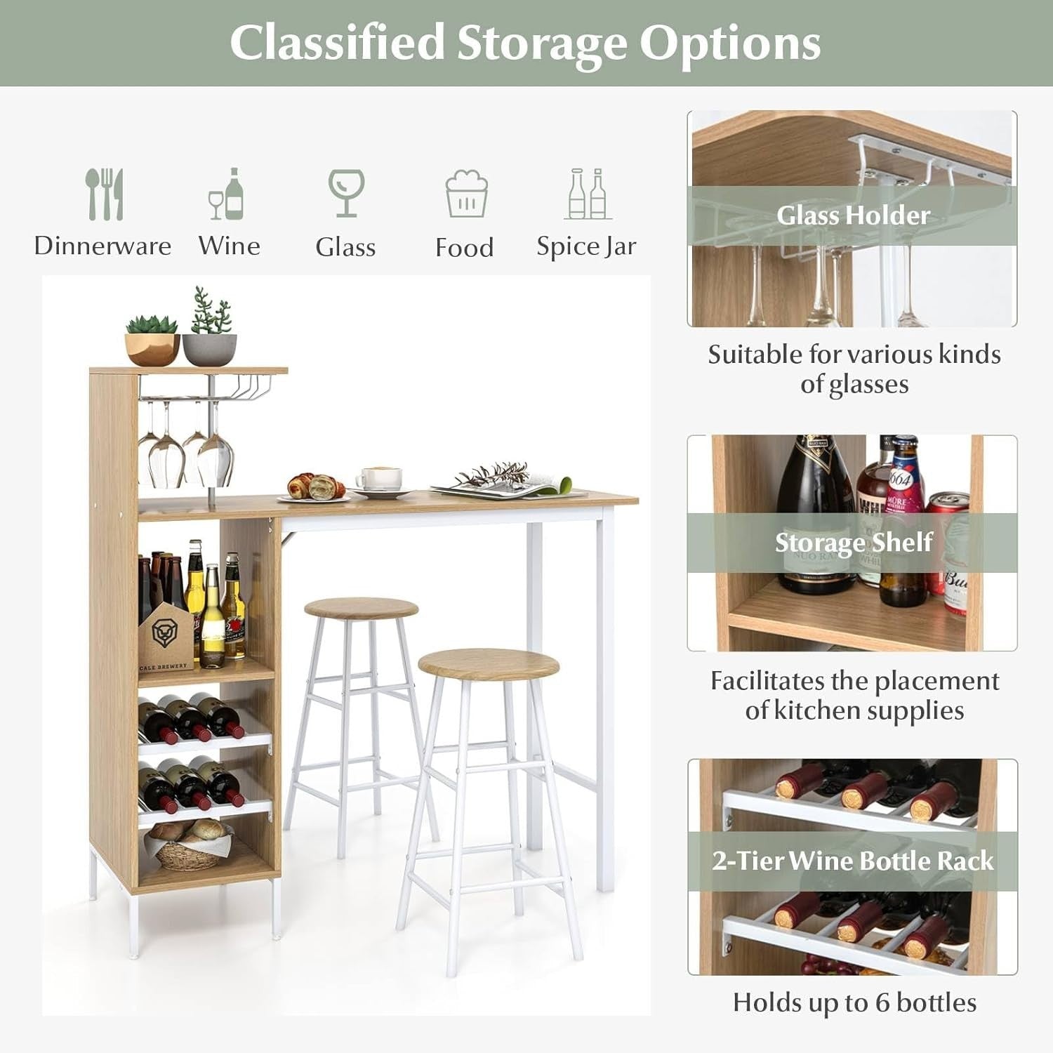 Natural 3-Piece Bar Table Set Shelves, Wine Rack & 2 Stools, Industrial Dining