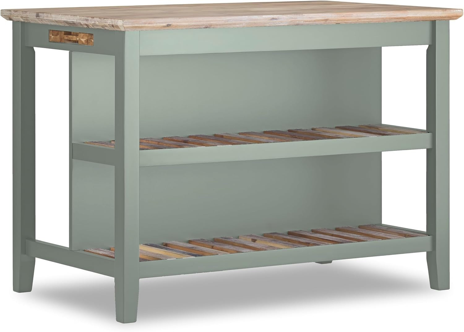 Breakfast Bar with Acacia Wood Top Storage Shelves Kitchen Island Sage Green