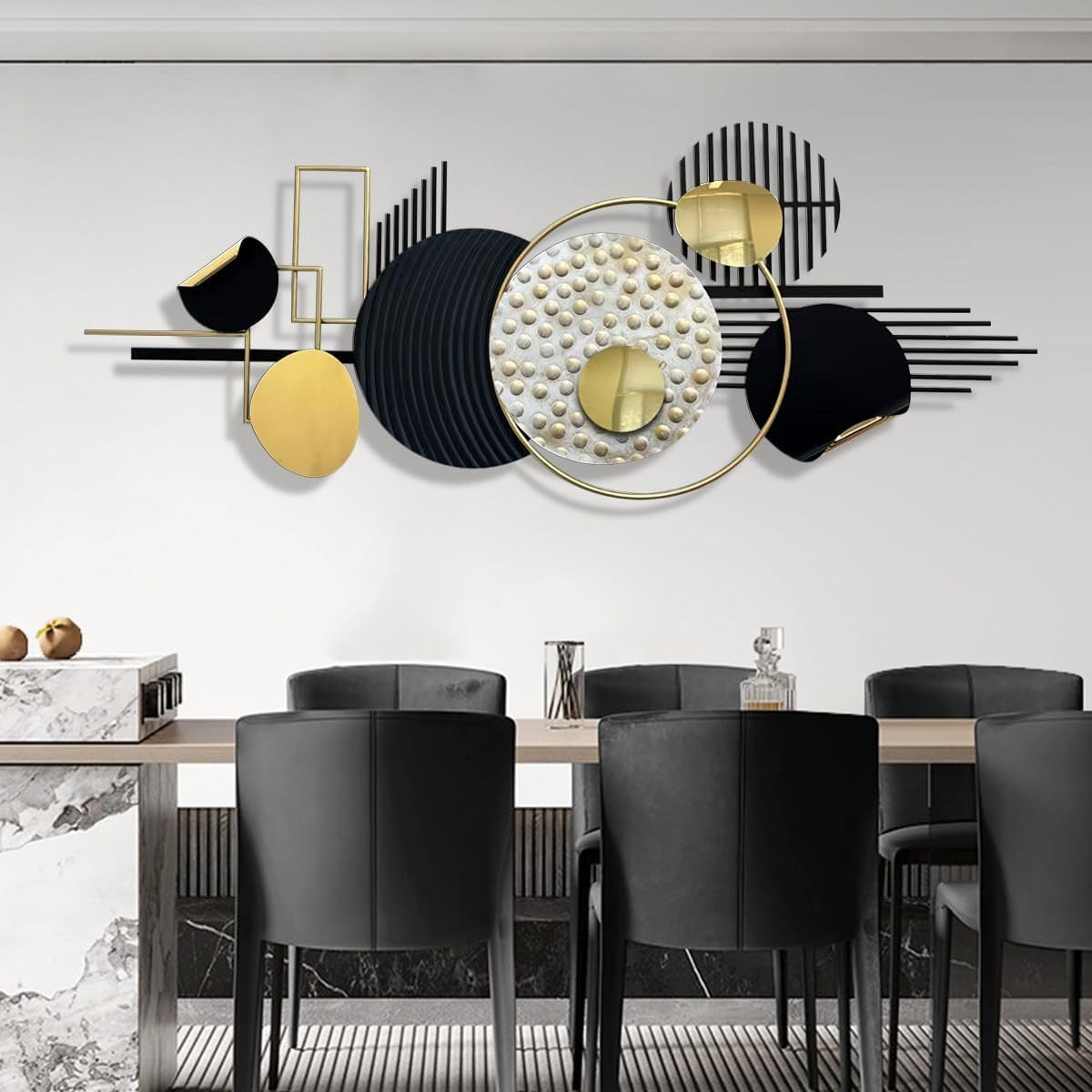 Modern Metal Wall Art Black Gold Geometric Sculptures for Living Room