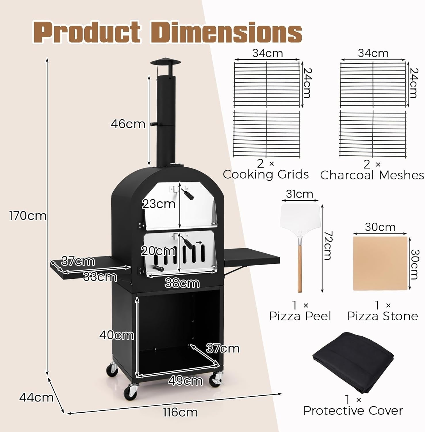 Outdoor Wood-Fired Pizza Oven | BBQ Grill w/ Side Shelves, Thermometer & Cover