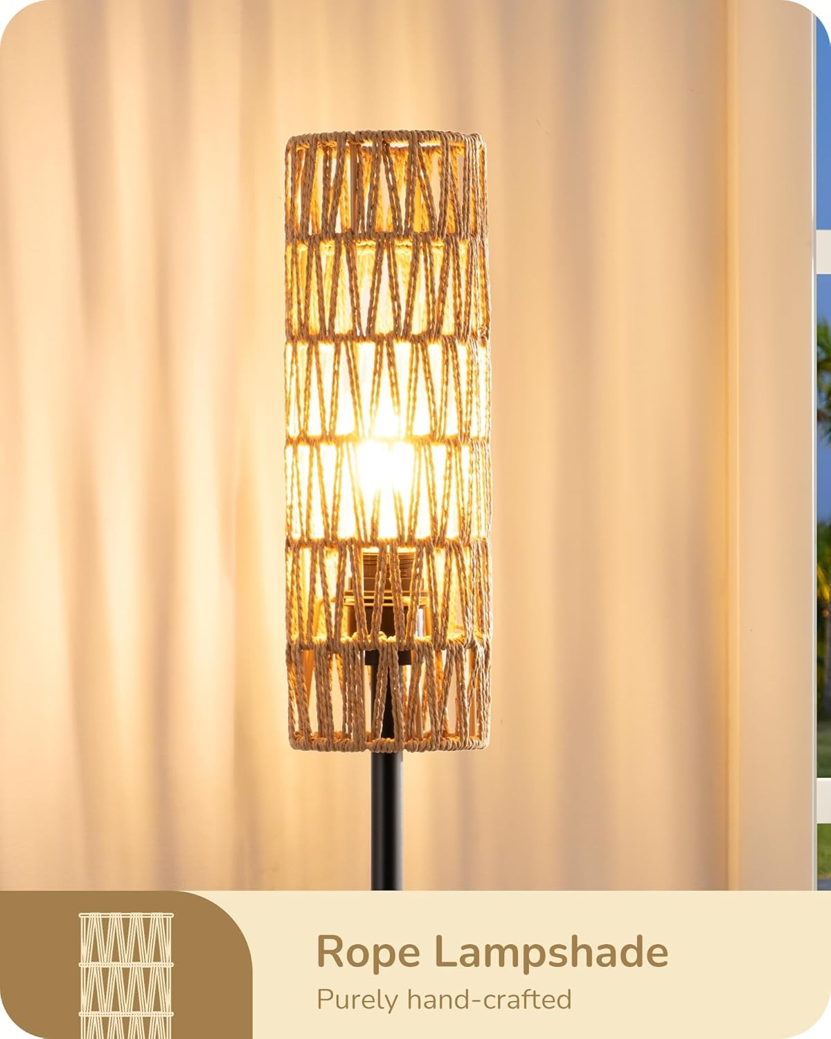 Rattan Floor Lamp Natural Boho Standing Light 165cm E27 LED Warm Glow